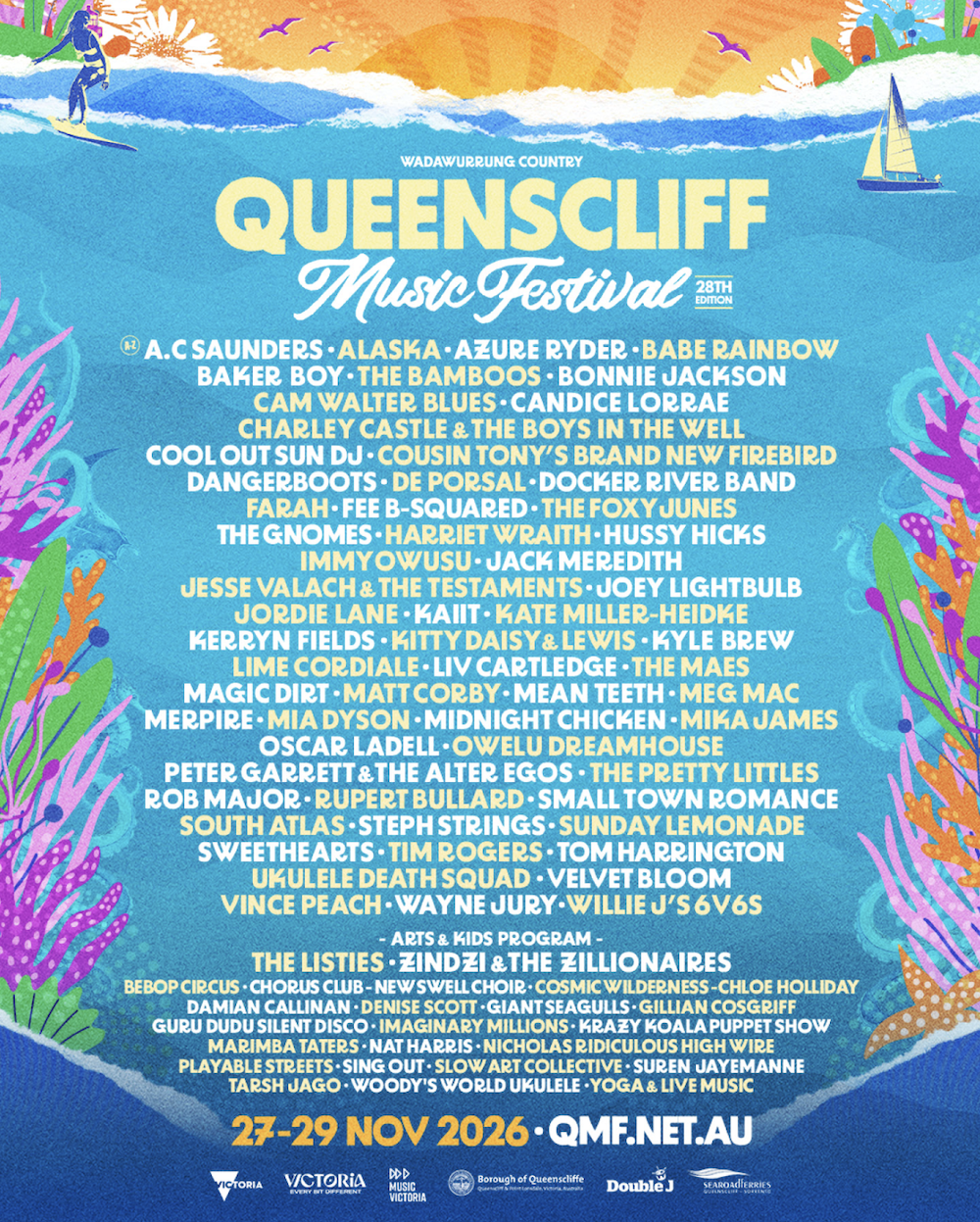 Official poster for the 28th Queenscliff Music Festival 2026, listing the music, arts, and kids lineup against a colourful ocean reef backdrop.